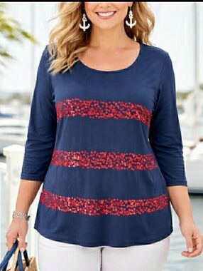 Talbots Top Tee Blue Red Hearts L/XL ❤ NWT Retail $55-